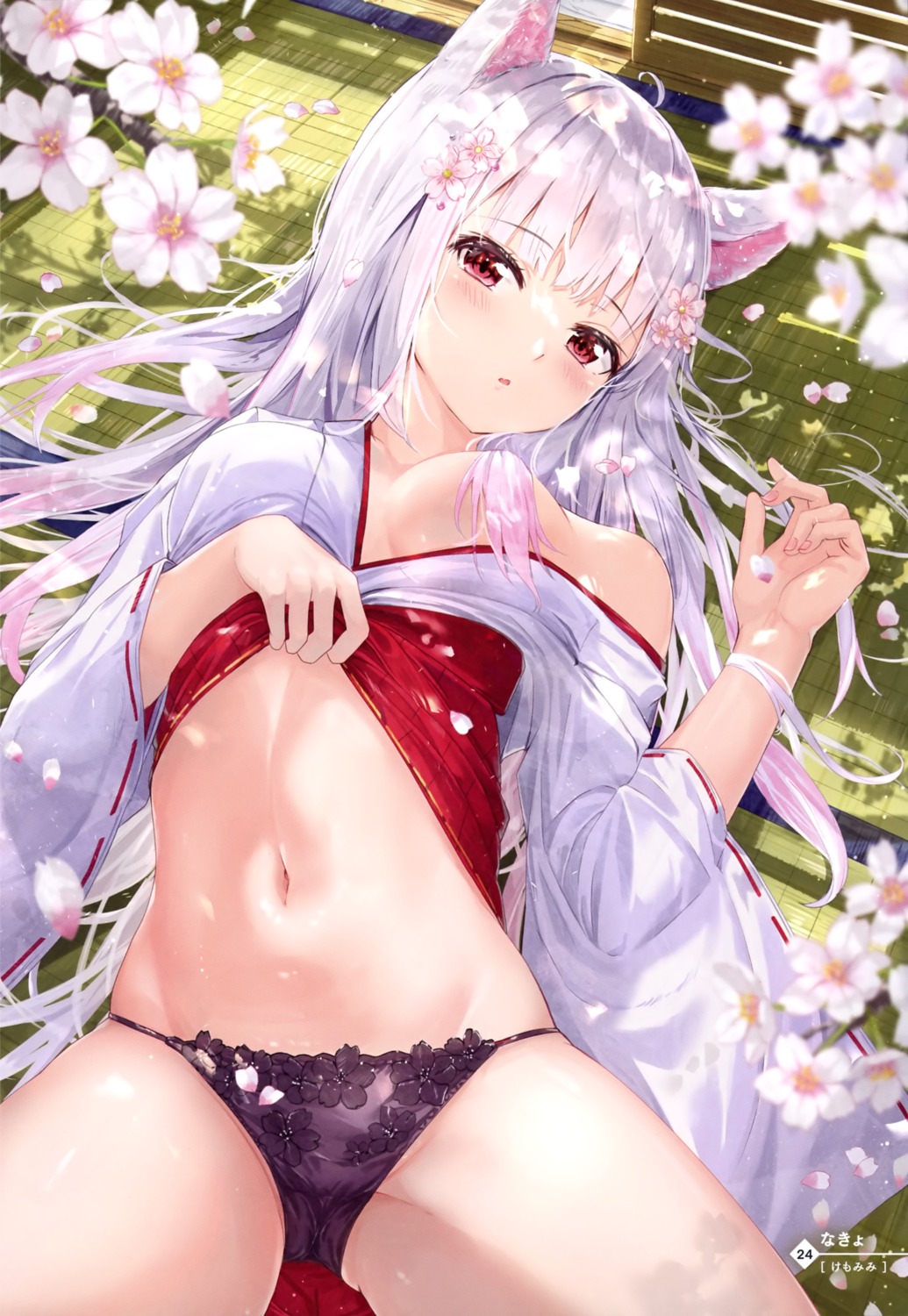 animal_ears breasts miko na_kyo no_bra open_shirt pantsu skirt_lift undressing