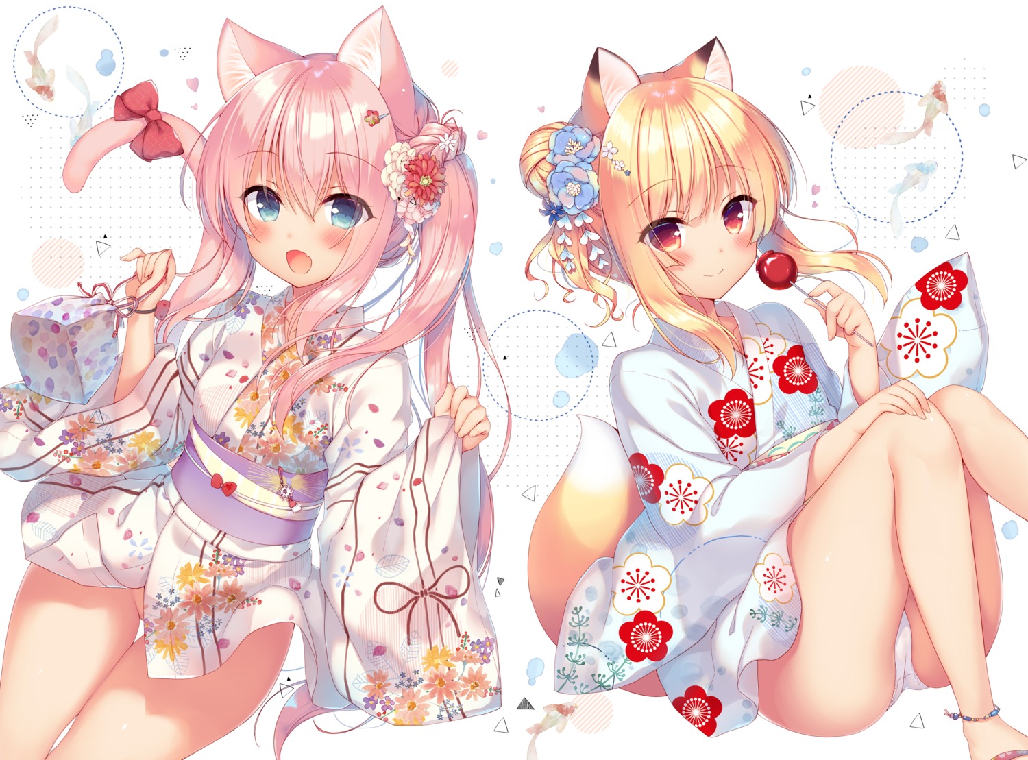 23.4° animal_ears boku_no_risou_no_isekai_seikatsu chise_(ichiri) ichiri kitsune misia_(ichiri) nekomimi nopan pantsu skirt_lift tail yukata