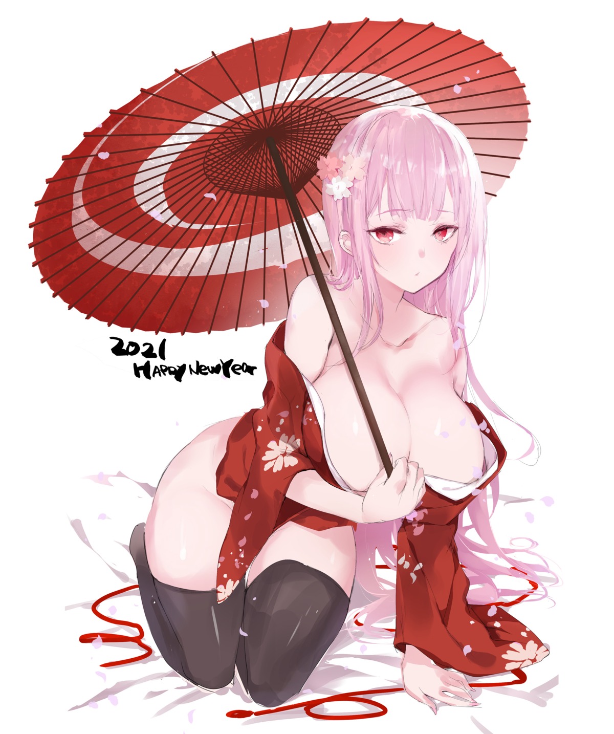 breasts censored kimono no_bra nopan open_shirt skirt_lift tagme thighhighs umbrella