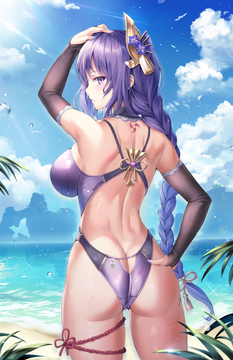 artist_revision ass bnari cameltoe garter genshin_impact raiden_shogun swimsuits tattoo