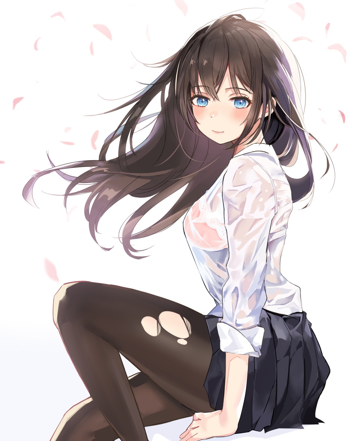 bra pantyhose see_through seifuku sirius_enjoliao skirt_lift torn_clothes wet_clothes