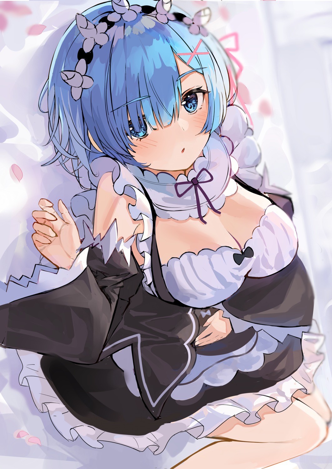 aroa cleavage maid re_zero_kara_hajimeru_isekai_seikatsu rem_(re_zero) skirt_lift