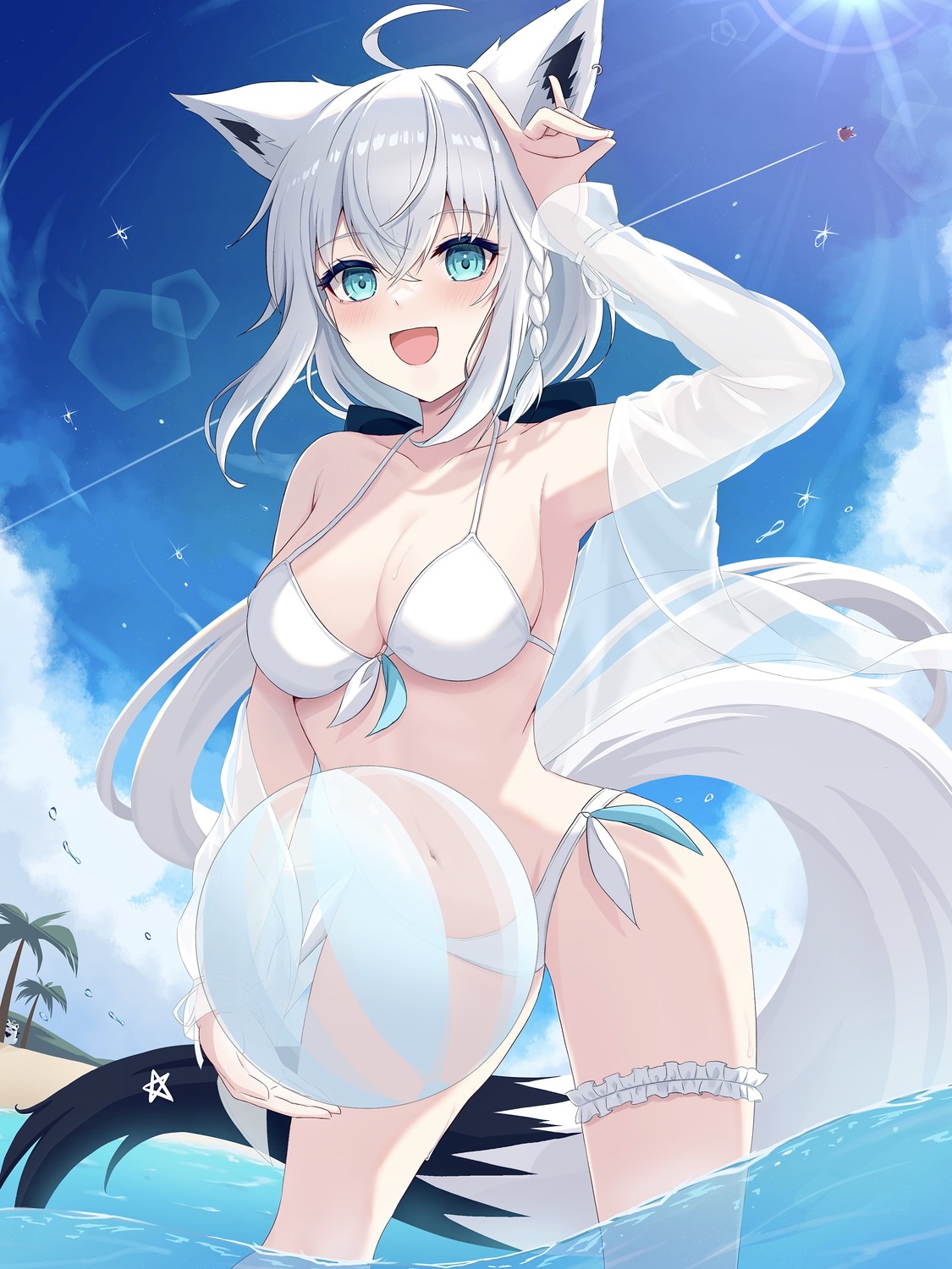 animal_ears bikini garter hololive hololive_gamers jupiterjack8 kitsune open_shirt see_through shirakami_fubuki swimsuits tail wet