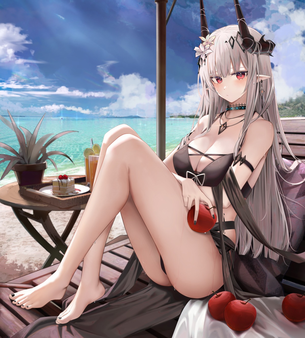 arknights bikini feet horns mudrock_(arknights) pointy_ears ru_zhai see_through skirt_lift swimsuits thong wet