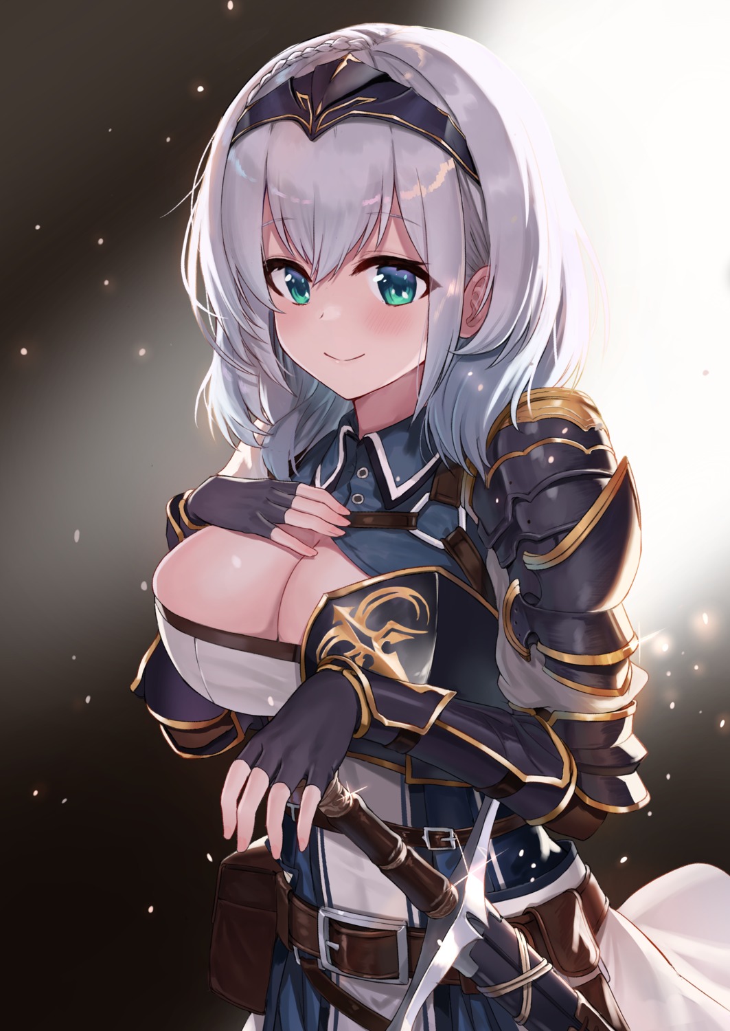 armor ayul_(ayulneri_92) cleavage hololive no_bra shirogane_noel sword