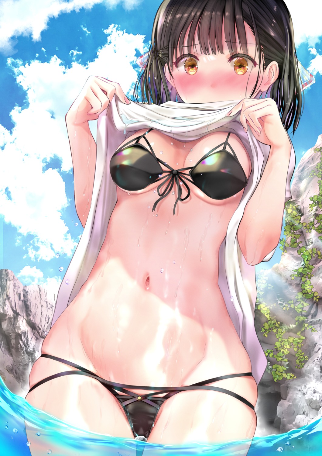 bikini ogata_tei shirt_lift swimsuits undressing wet wet_clothes