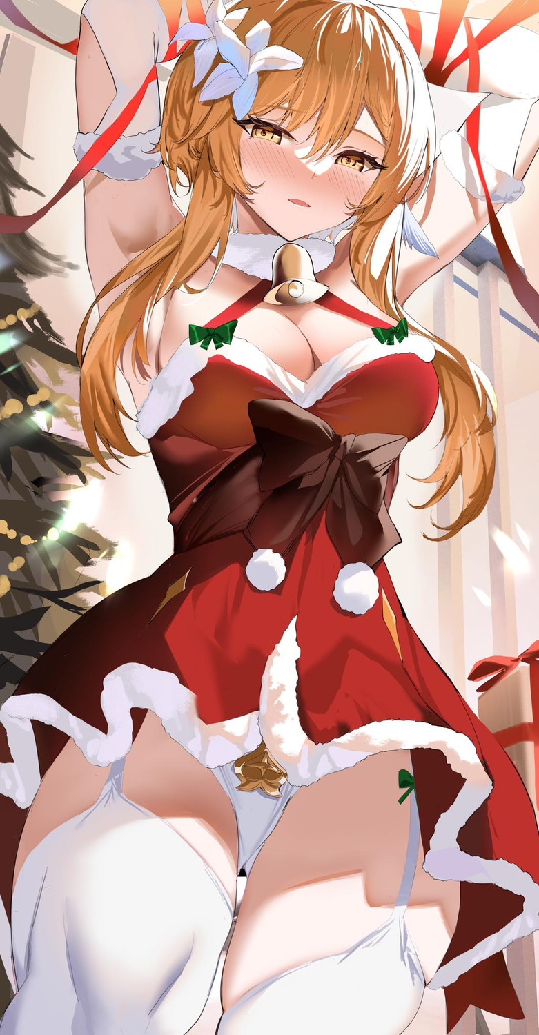 christmas dress genshin_impact lumine no_bra pantsu shiben_(ugvu5784) stockings thighhighs