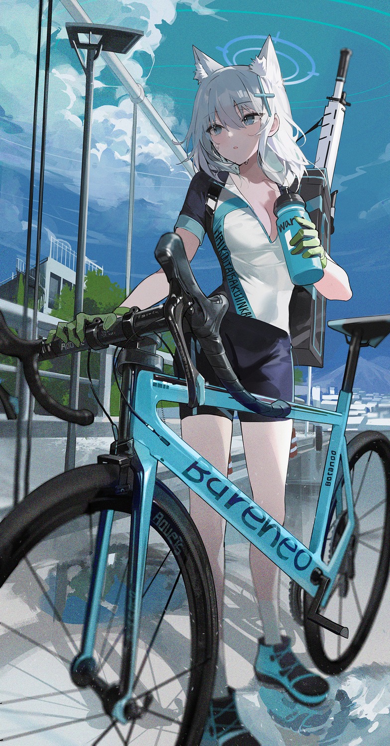 animal_ears bike_shorts blue_archive buri_(retty9349) cleavage gun halo nekomimi no_bra open_shirt sunaookami_shiroko