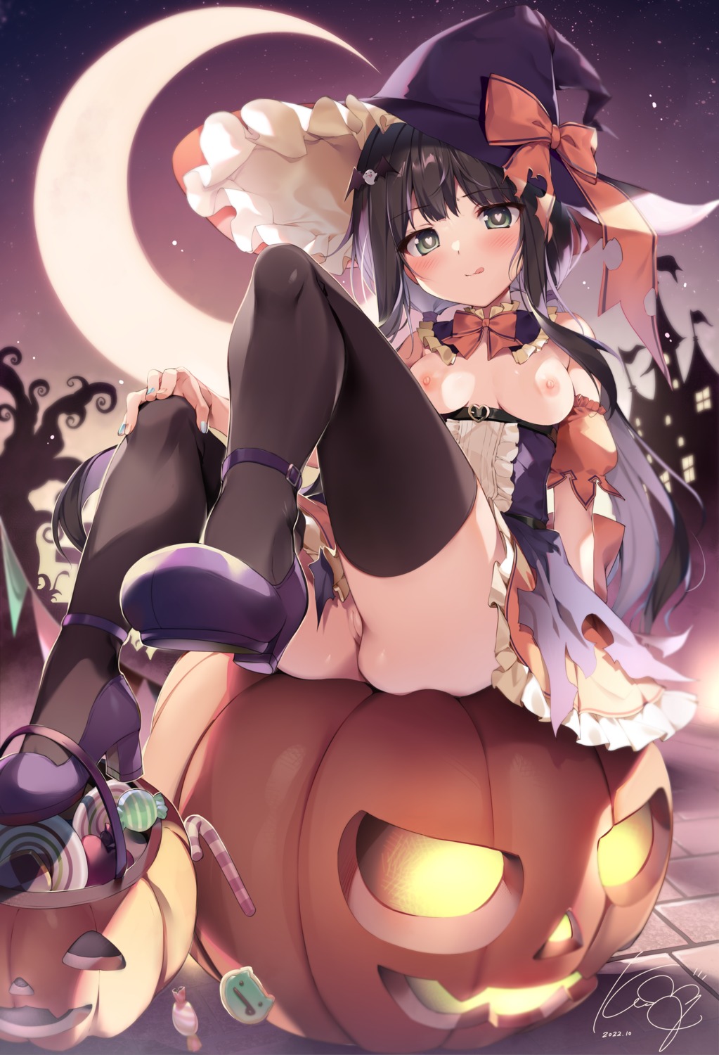 breasts dress halloween heels hoshimiya_amane karory nipples no_bra nopan pussy skirt_lift thighhighs torn_clothes uncensored witch