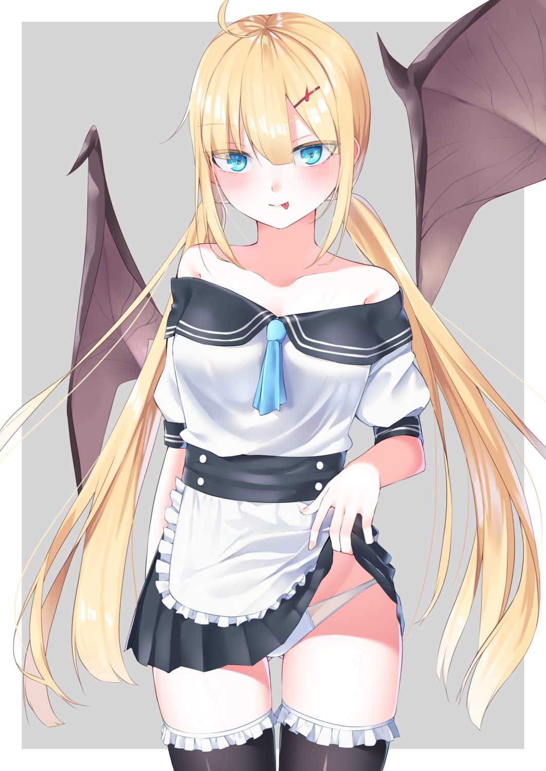 maid menbou_(menbow3v) no_bra open_shirt pantsu skirt_lift thighhighs wings