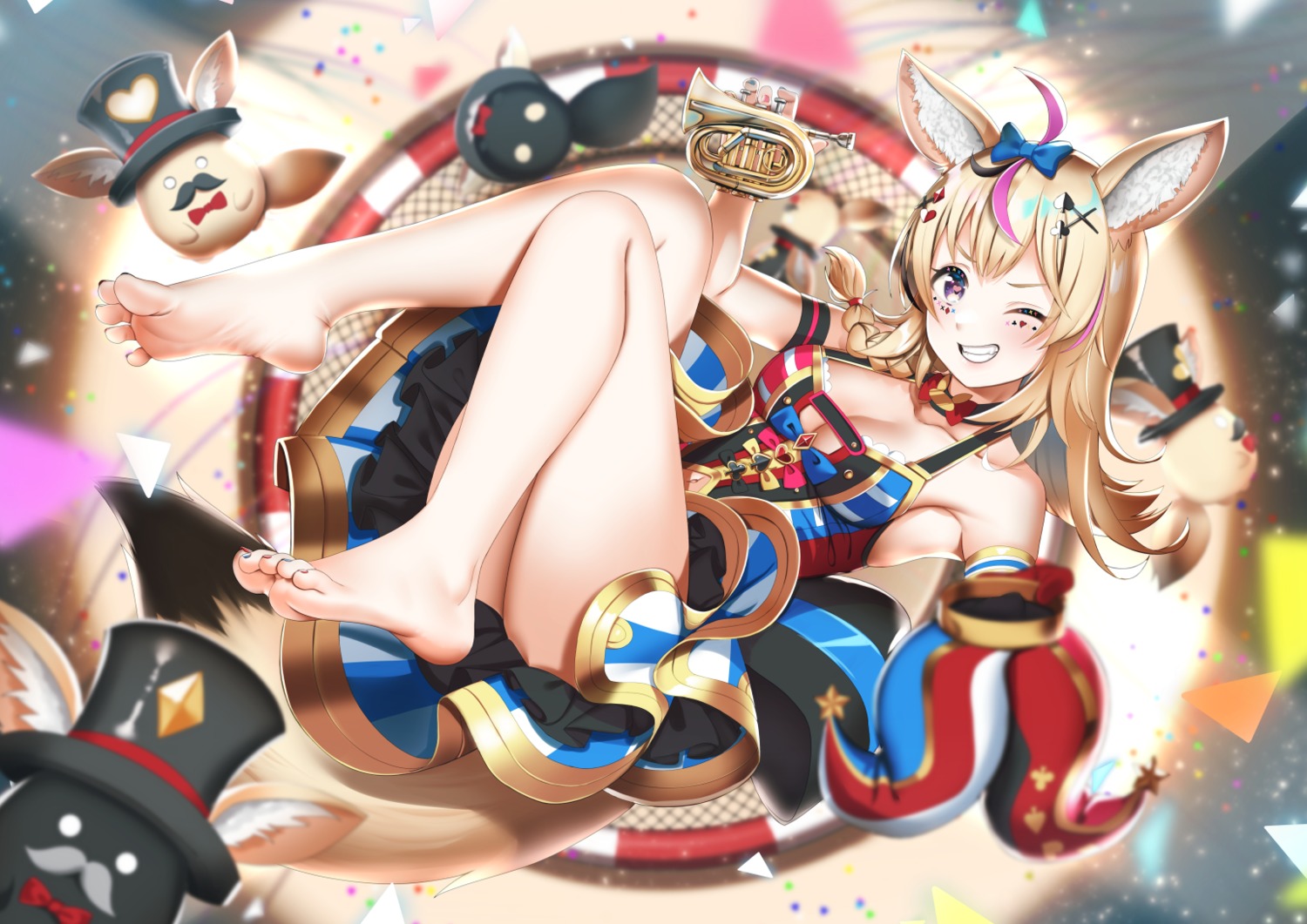 animal_ears casino_(casinoep) feet hololive no_bra omaru_polka skirt_lift tail