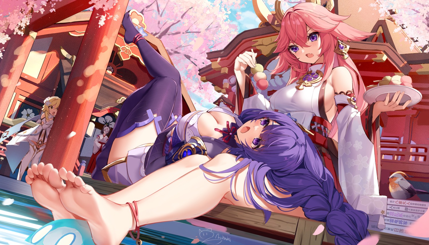 feet genshin_impact japanese_clothes kazari lumine miko nahaki no_bra raiden_shogun thighhighs yae_miko