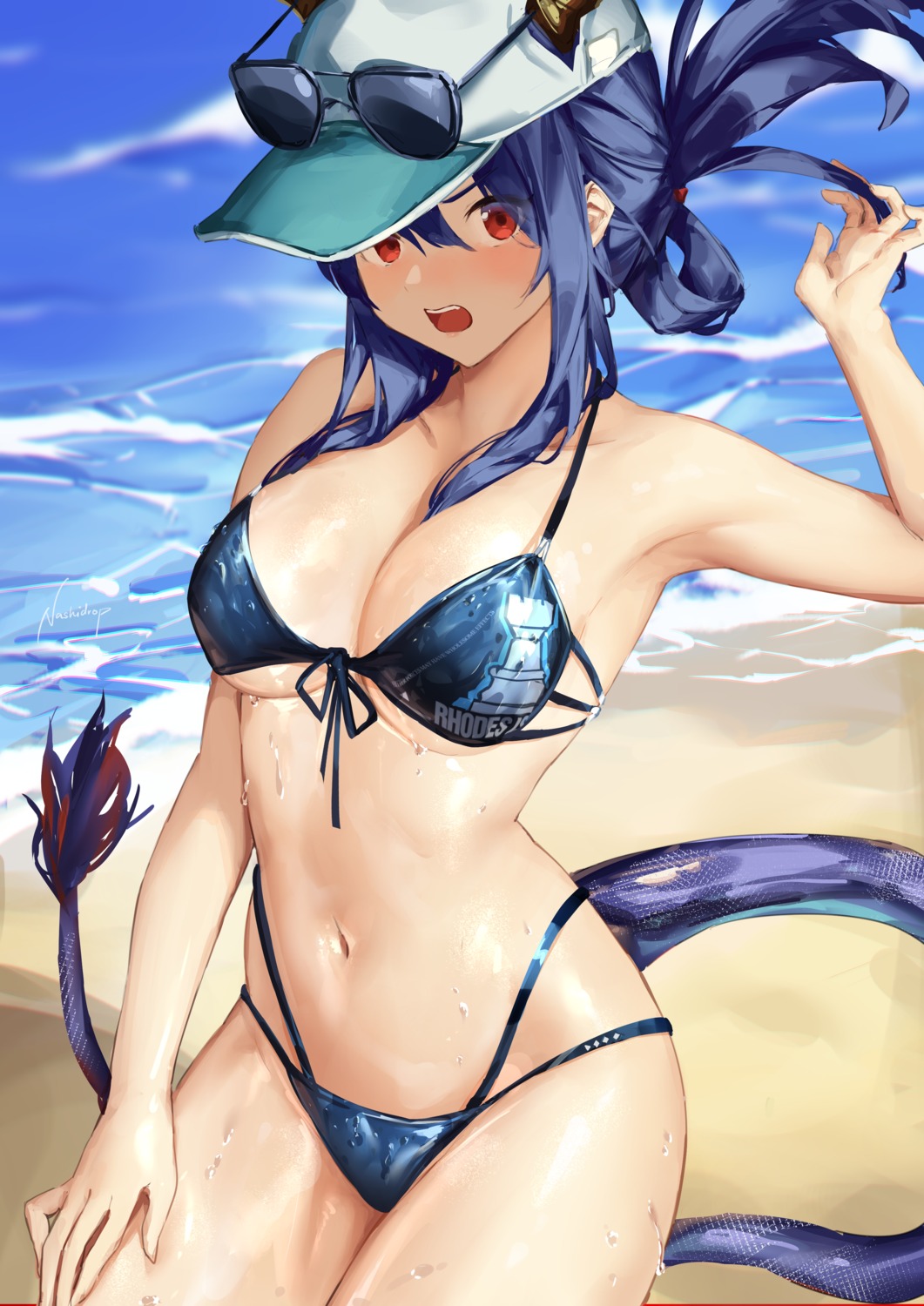 arknights bikini ch'en_(arknights) horns megane nashidrop swimsuits tail wet