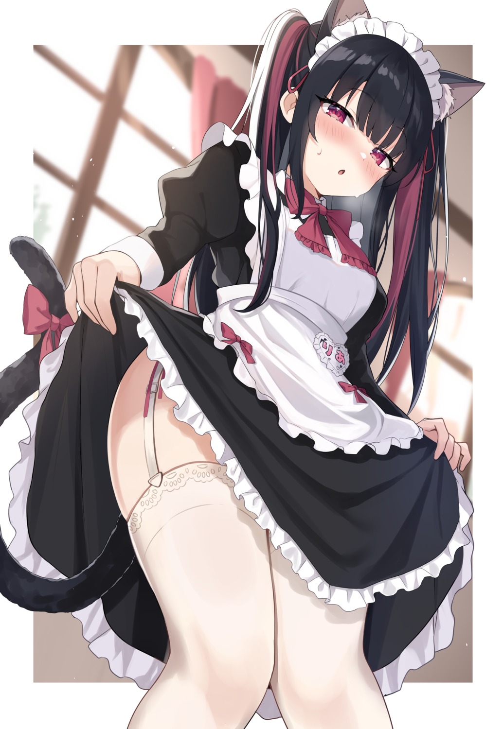 animal_ears maid nekomimi okiq skirt_lift stockings tail thighhighs