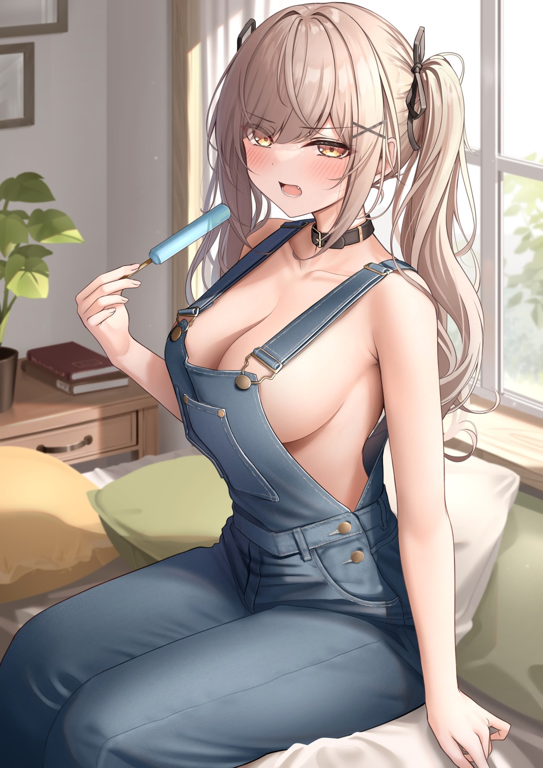 monaka_curl no_bra overalls