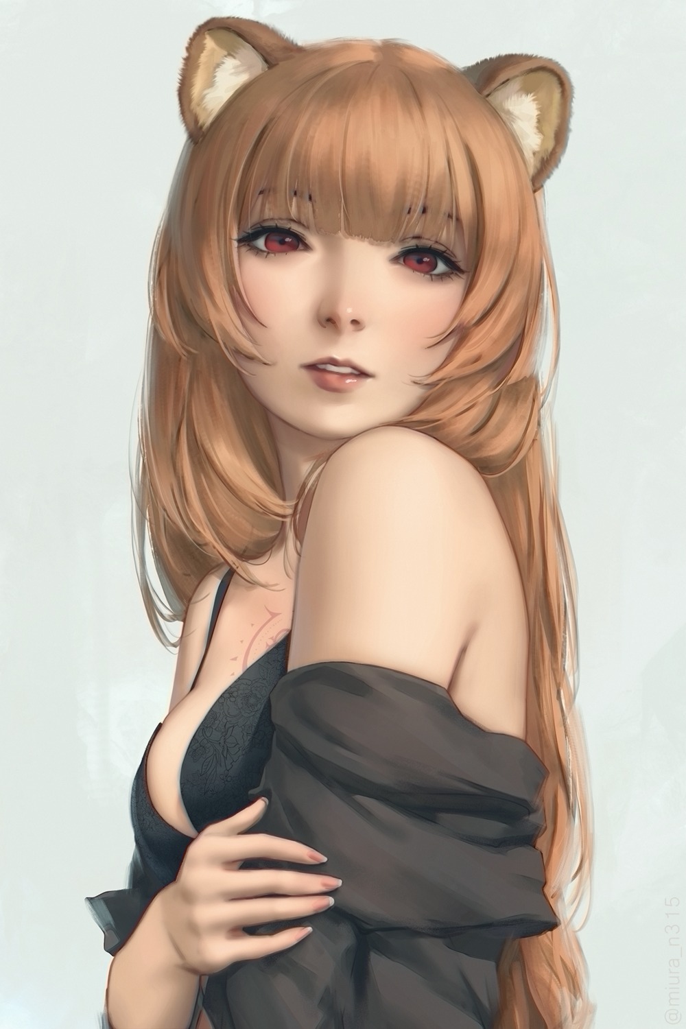 animal_ears bra miura_naoko open_shirt raphtalia tate_no_yuusha_no_nariagari tattoo undressing