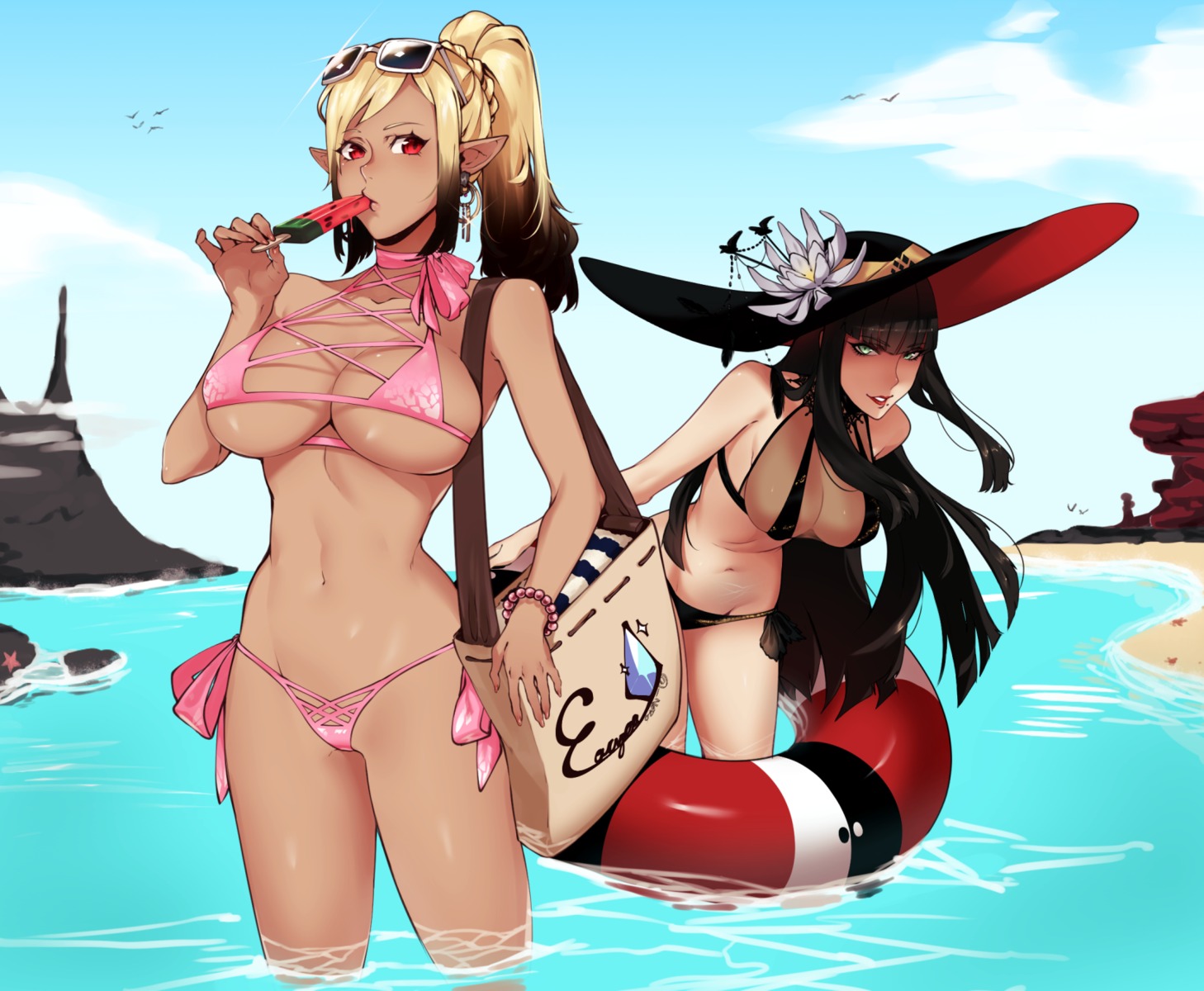 bikini final_fantasy final_fantasy_xiv megane pointy_ears see_through skelefuku swimsuits wet