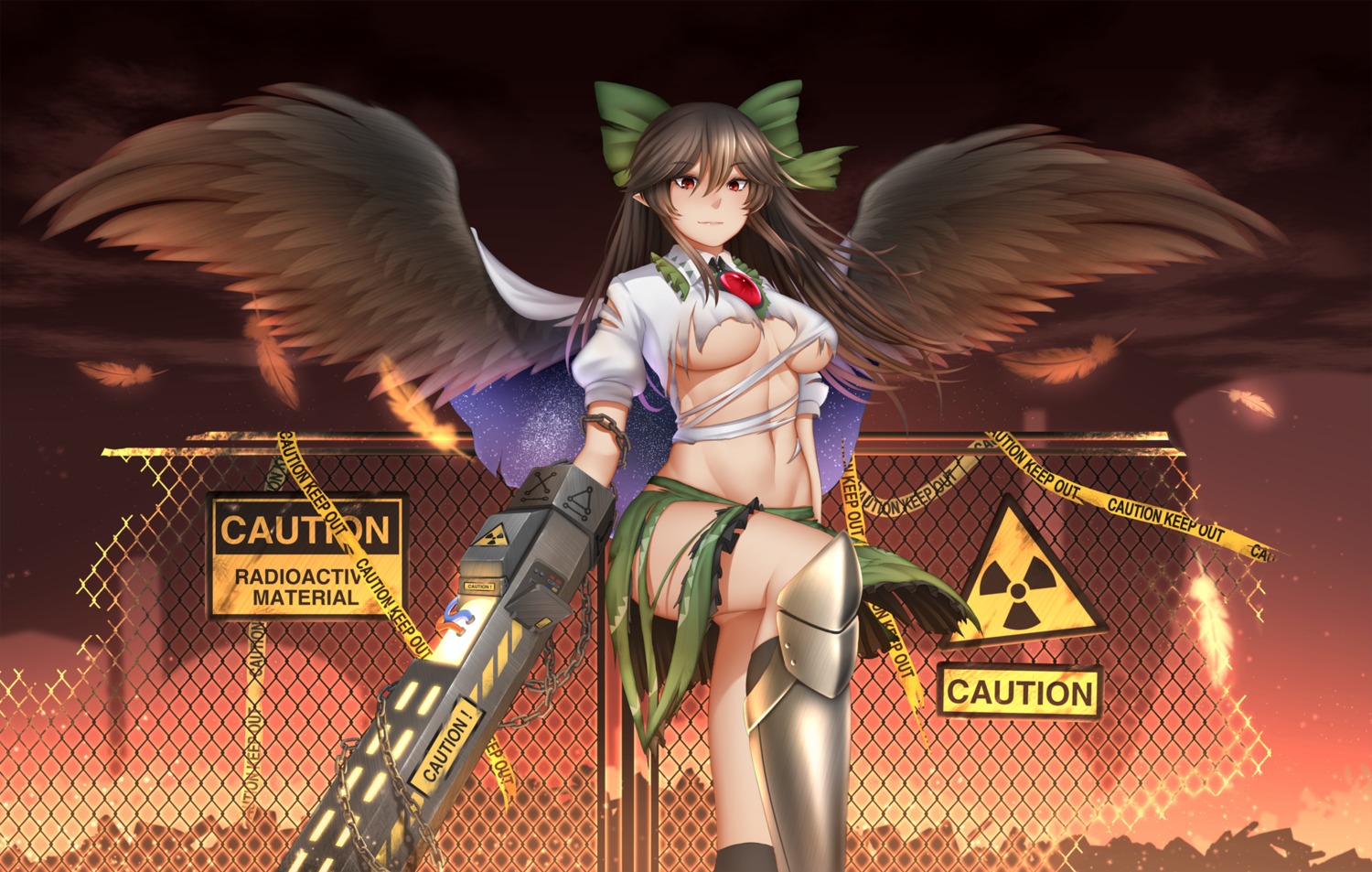 armor mochi_(chain_csn) no_bra pointy_ears reiuji_utsuho touhou underboob weapon wings