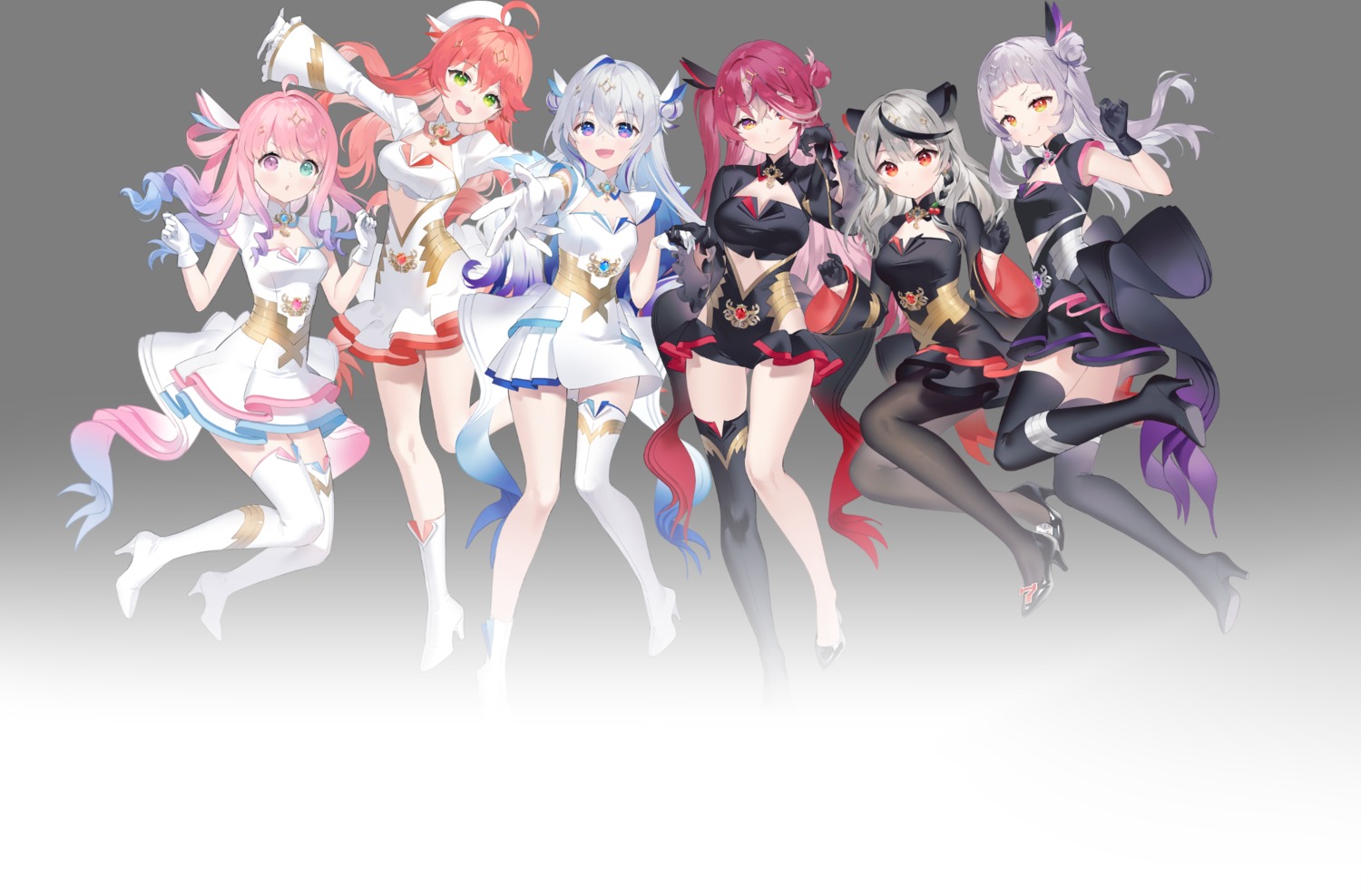 amane_kanata ancotaku garter heels heterochromia himemori_luna hololive houshou_marine magical_girl_holowitches murasaki_shion pantyhose sakamata_chloe sakura_miko skirt_lift thighhighs transparent_png uniform wings