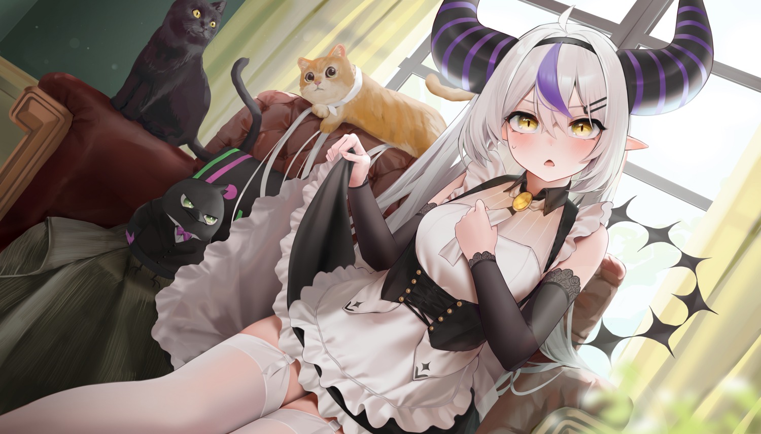 crow_(la+_darknesss) hololive horns la+_darknesss maid neko pointy_ears skirt_lift stockings tail thighhighs wanne