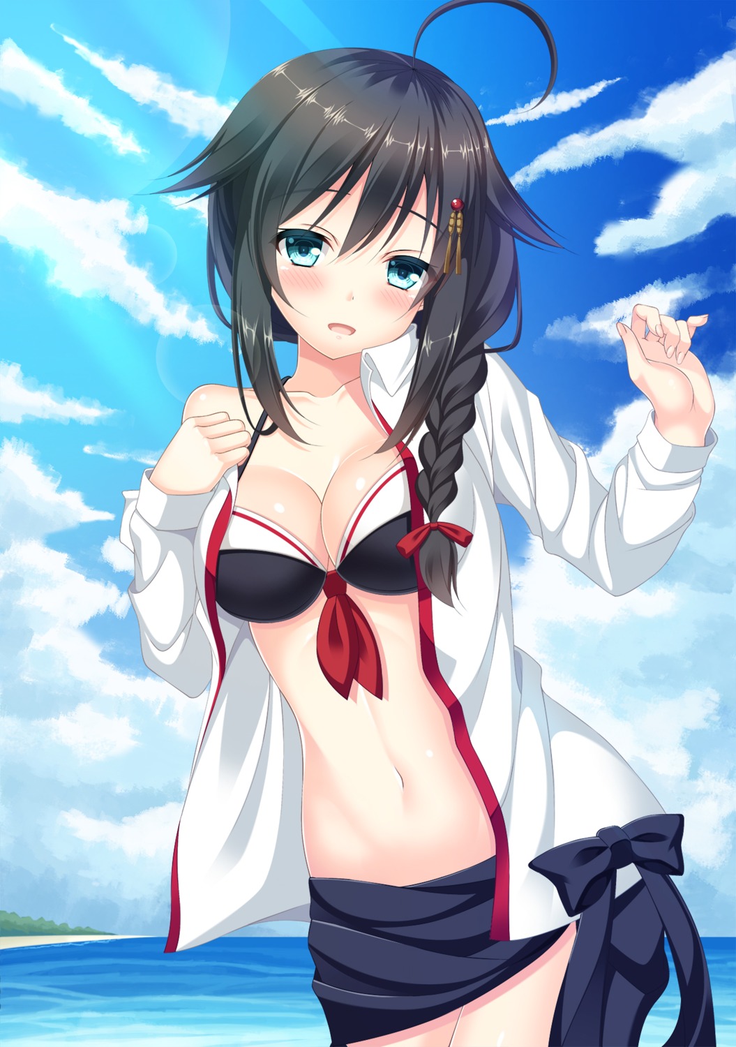 309042 bikini_top cleavage kantai_collection open_shirt shigure_(kancolle) swimsuits undressing