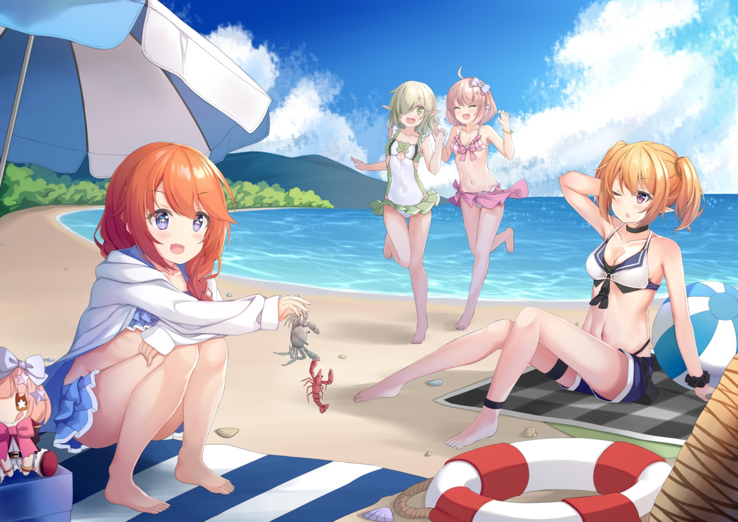 bikini chibi cleavage garter lr_(last_remote_514) open_shirt princess_connect princess_connect!_re:dive skirt_lift swimsuits