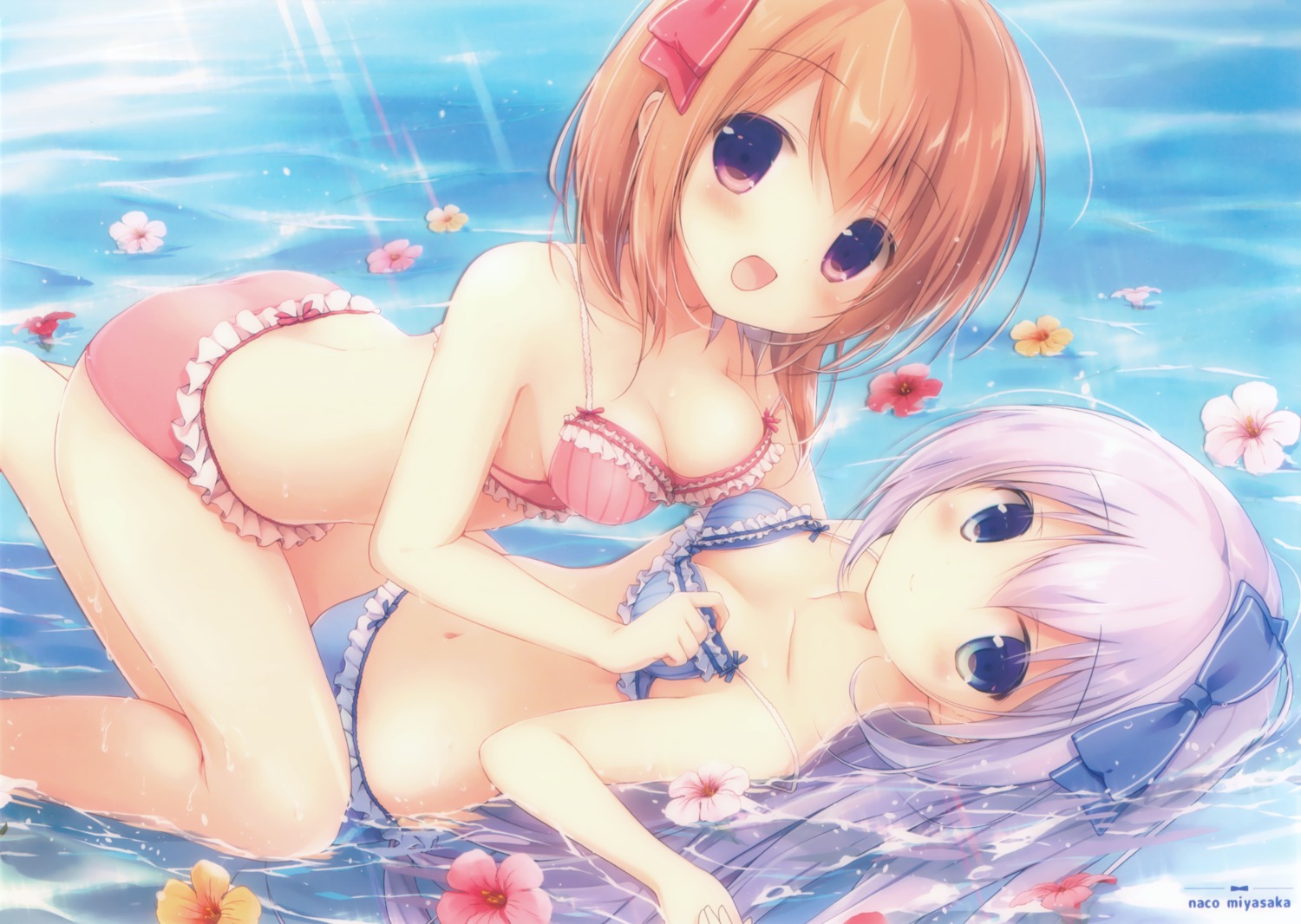 ass cleavage gochuumon_wa_usagi_desu_ka? hoto_cocoa kafuu_chino miyasaka_nako swimsuits wet yuri