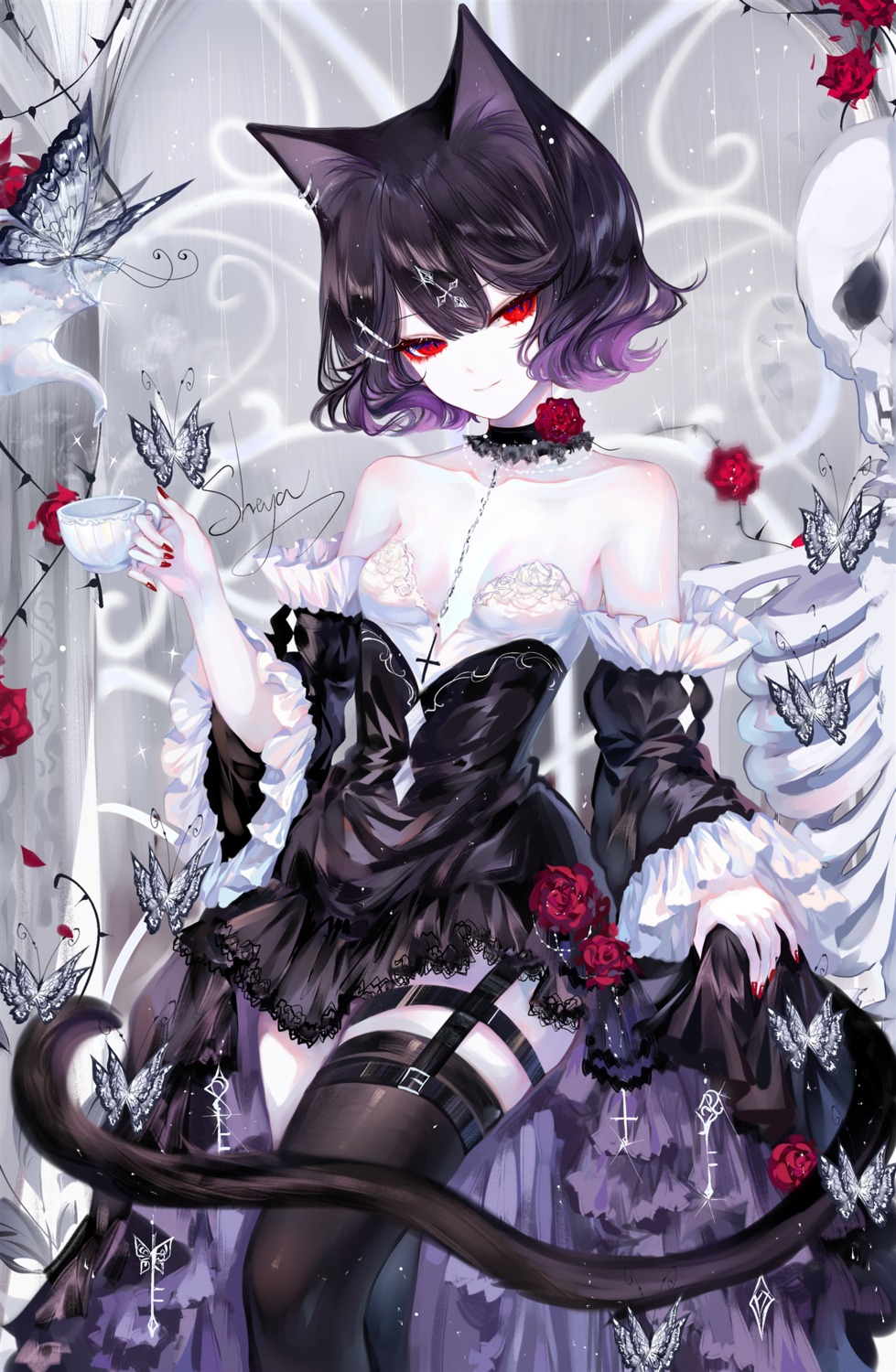 animal_ears garter gothic_lolita lolita_fashion nekomimi no_bra sheya stockings tail thighhighs