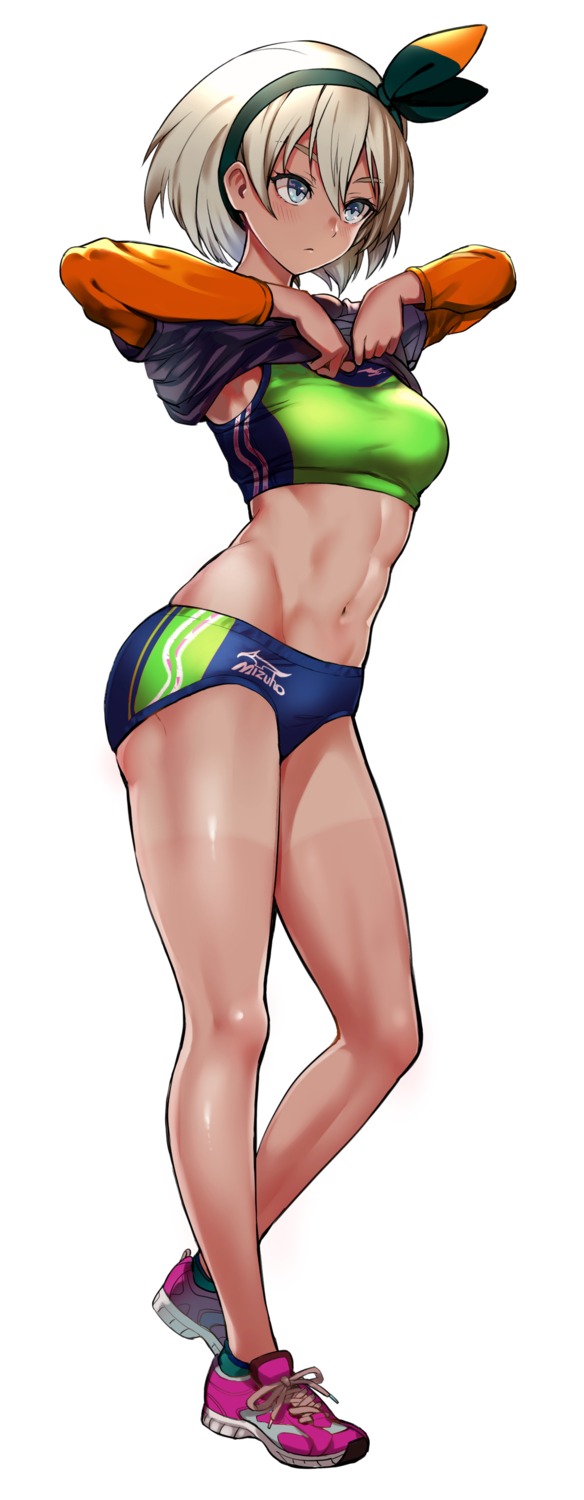 buruma gym_uniform pokemon pokemon_swsh puca-rasu saitou_(pokemon) shirt_lift tan_lines undressing