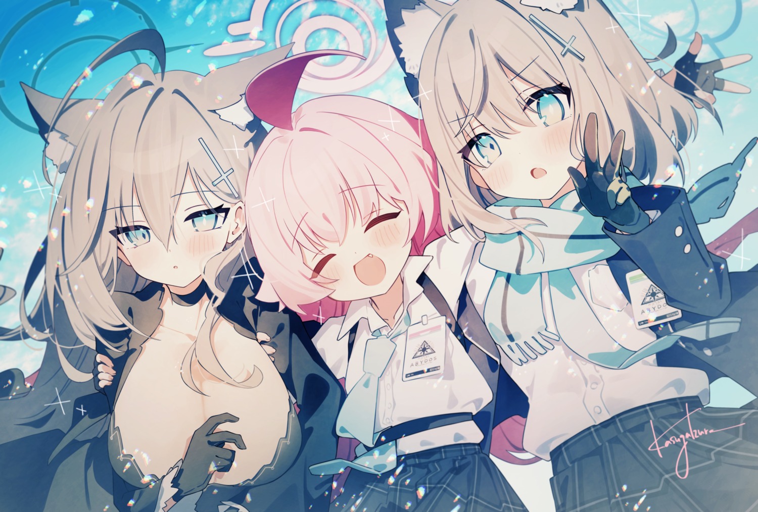 animal_ears blue_archive dress halo kasuga_izure nekomimi no_bra seifuku shiroko_terror sunaookami_shiroko takanashi_hoshino