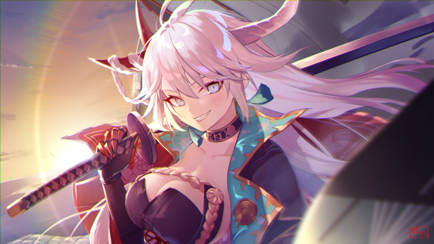 azur_lane cleavage hakuryuu_(azur_lane) horns japanese_clothes no_bra shimotsuki_shio sword wallpaper