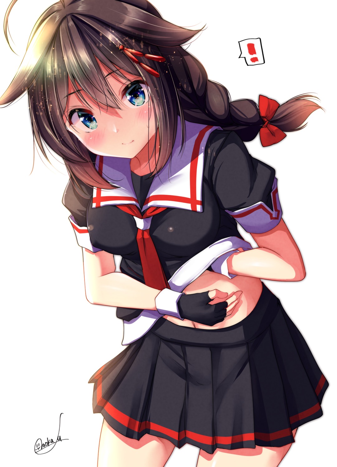 kantai_collection mokufuu seifuku shigure_(kancolle) shirt_lift