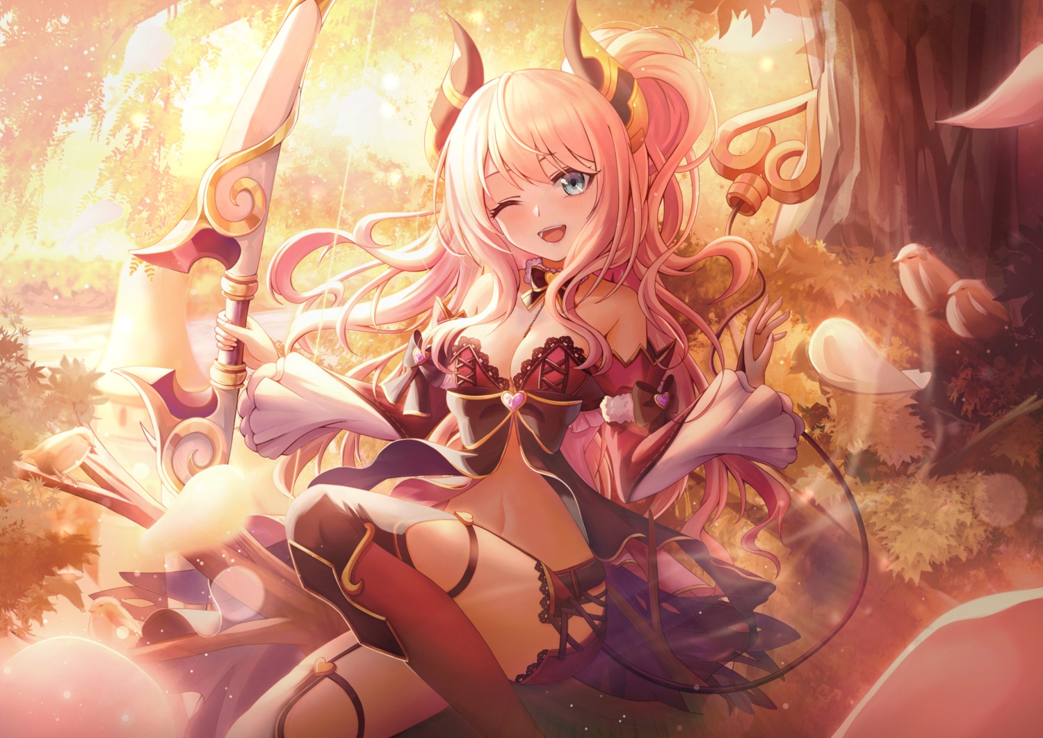 cleavage garter horns minami_suzuna necoring862 pointy_ears princess_connect princess_connect!_re:dive stockings tail thighhighs weapon