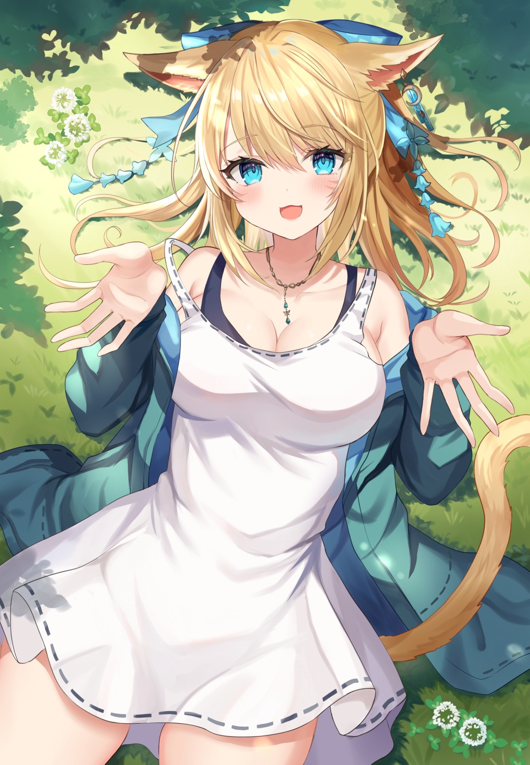 animal_ears cleavage dress final_fantasy final_fantasy_xiv miqo'te nekomimi retsuto skirt_lift tail