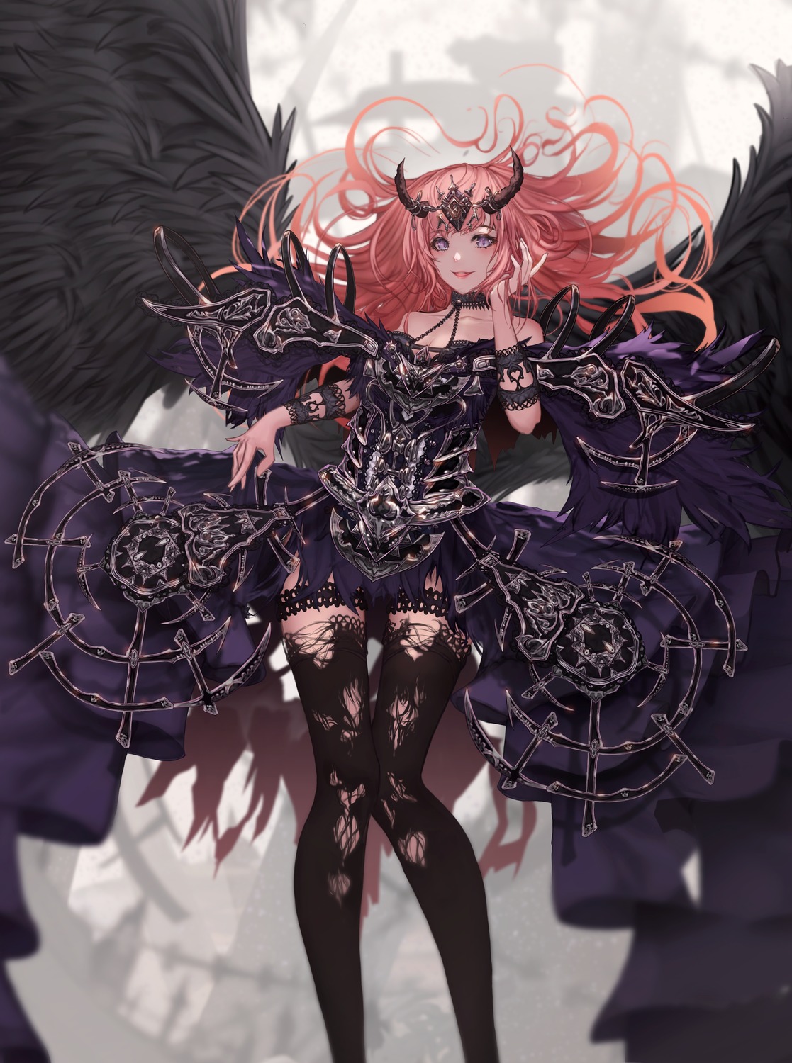 cleavage garter horns nomen thighhighs torn_clothes wings