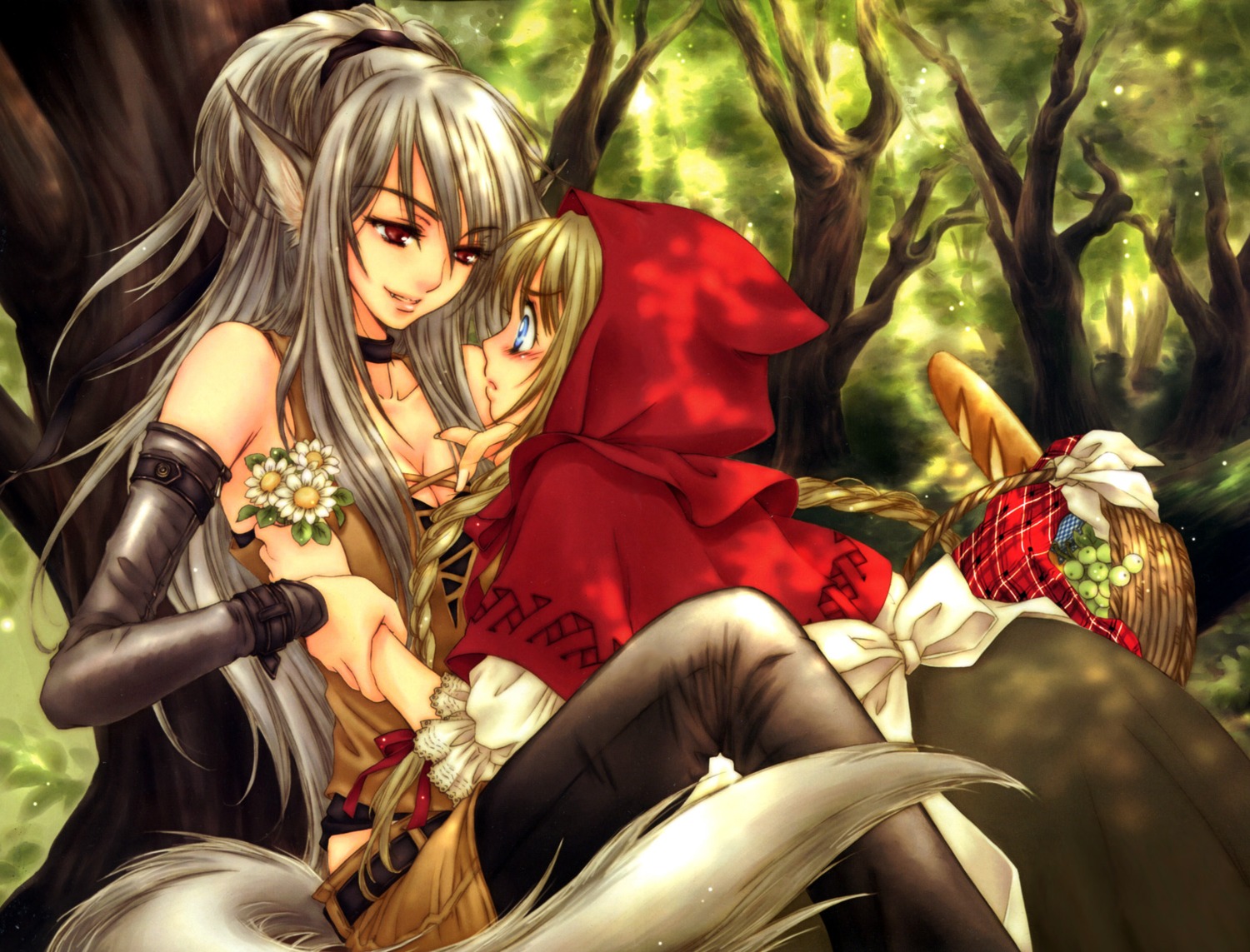 animal_ears big_bad_wolf cleavage little_red_riding_hood_(character) sakura_shio tail yuri