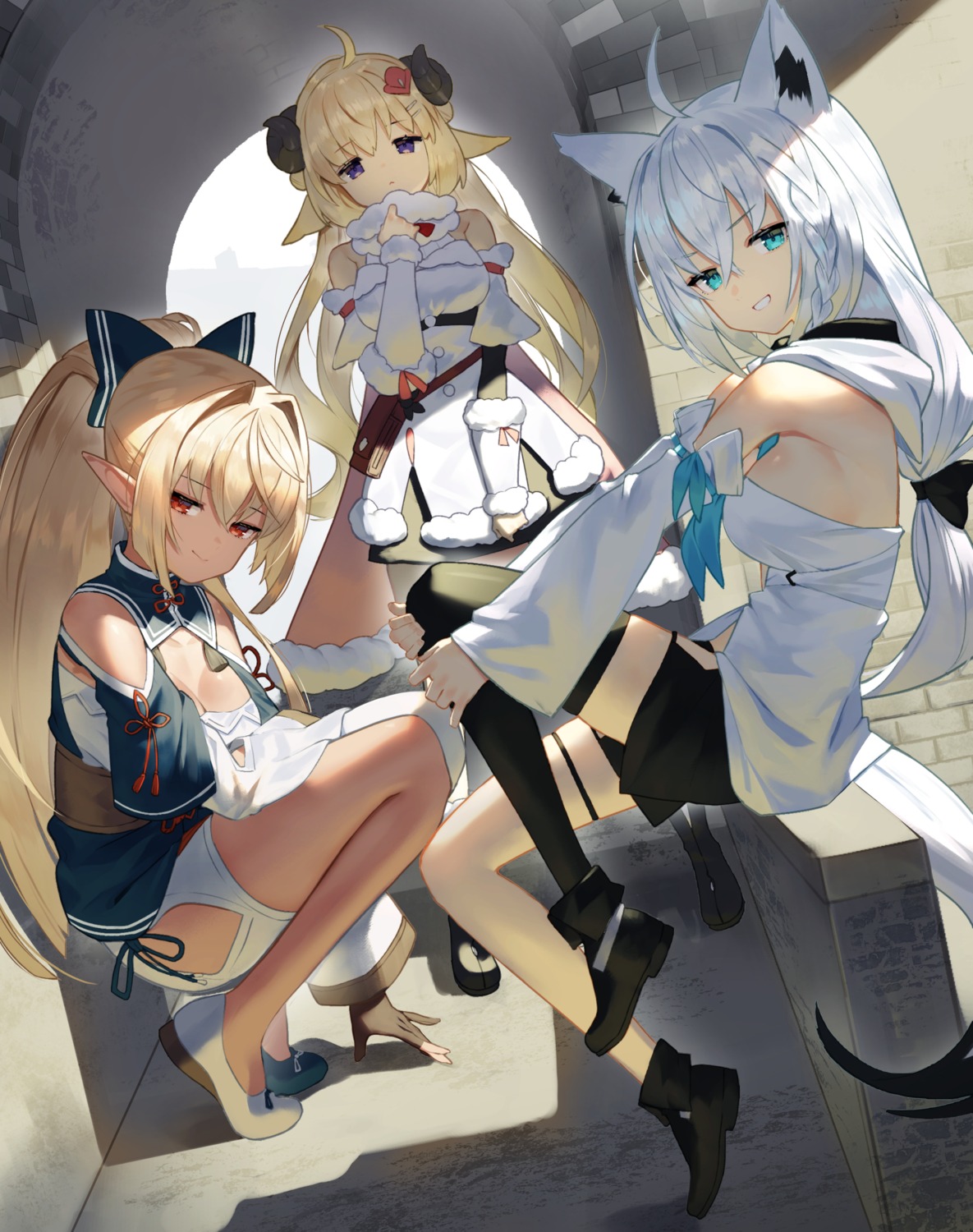 animal_ears asian_clothes elf hololive hololive_gamers horns kitsune no_bra pointy_ears scottie shirakami_fubuki shiranui_flare tail thighhighs tsunomaki_watame