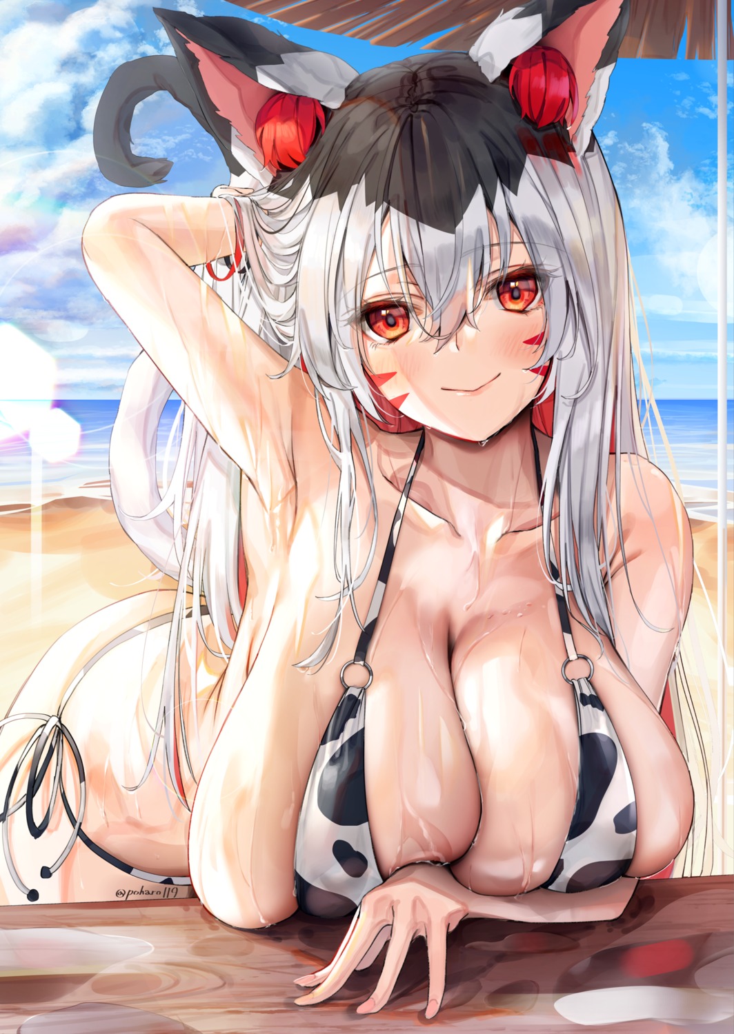 animal_ears bikini breast_hold nekomimi poharo swimsuits tail wet