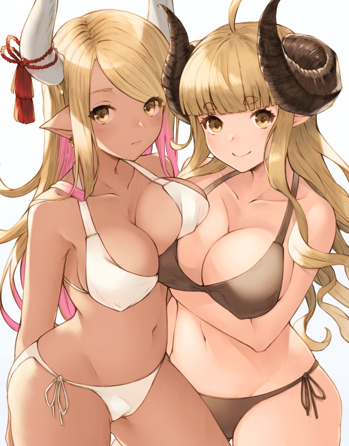 anila_(granblue_fantasy) bikini breast_hold erect_nipples granblue_fantasy horns koretsuki_azuma kuvira_(granblue_fantasy) pointy_ears swimsuits