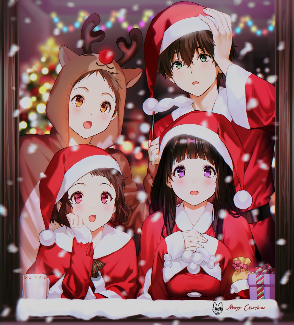 breast_hold chitanda_eru christmas fukube_satoshi horns hyouka ibara_mayaka mery_(yangmalgage) oreki_houtarou