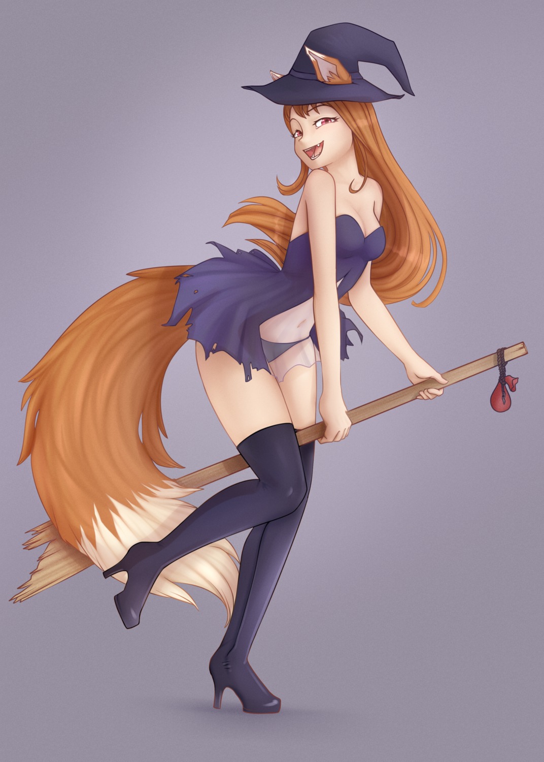 animal_ears heels holo no_bra pantsu see_through spice_and_wolf tagme tail thighhighs torn_clothes witch