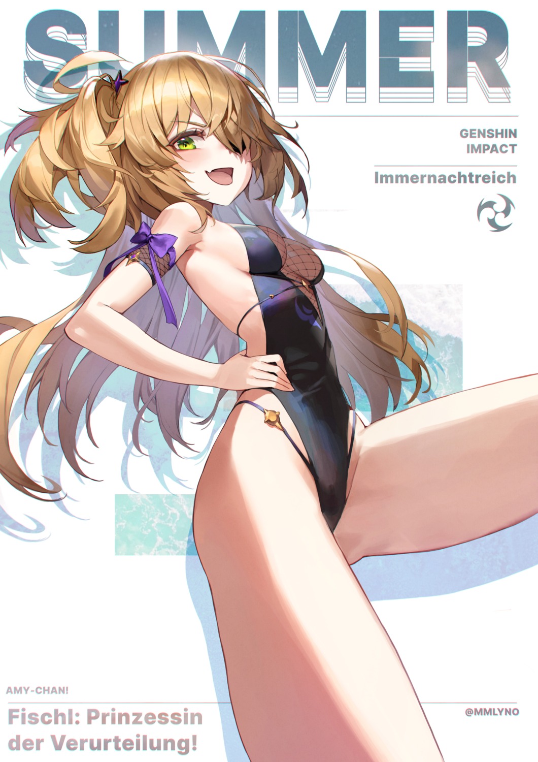 eyepatch fischl fishnets genshin_impact osuti see_through swimsuits