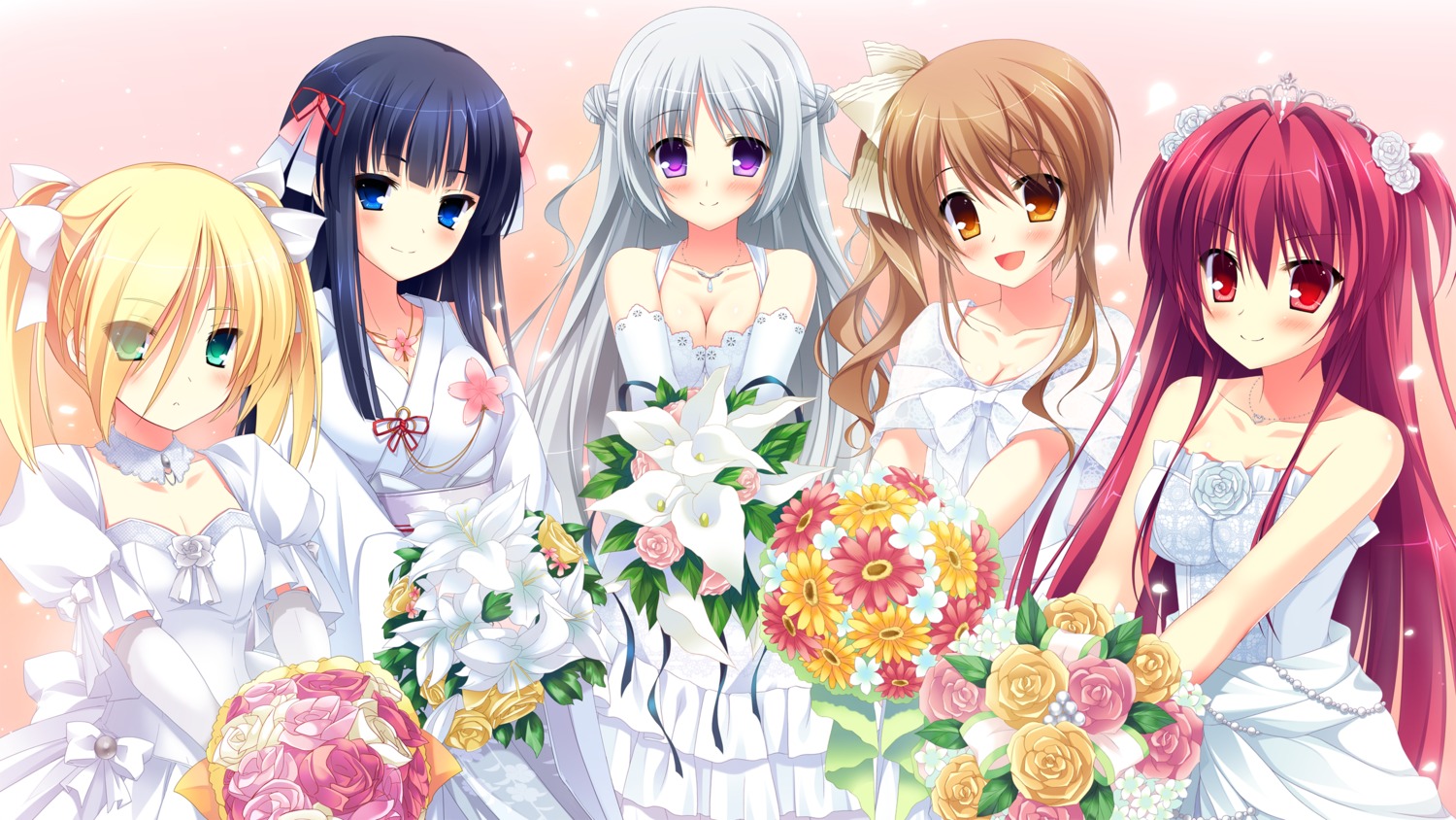 chuablesoft dress game_cg lovera_bride mikami_haruka_(lovera_bride) mutou_kurihito omigawa_hitomi sakuranomori_misaki sasha_(lovera_bride) takano_yuki wedding_dress yuki_nao