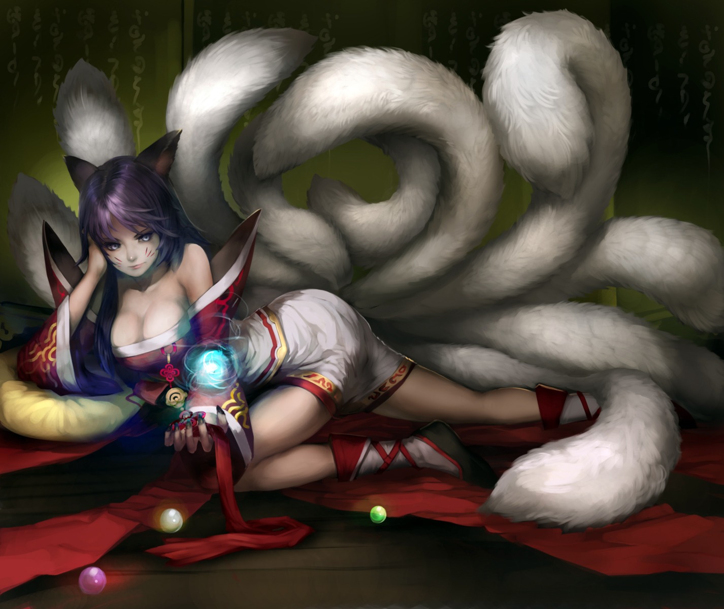 ahri animal_ears cleavage dress kitsune league_of_legends tail