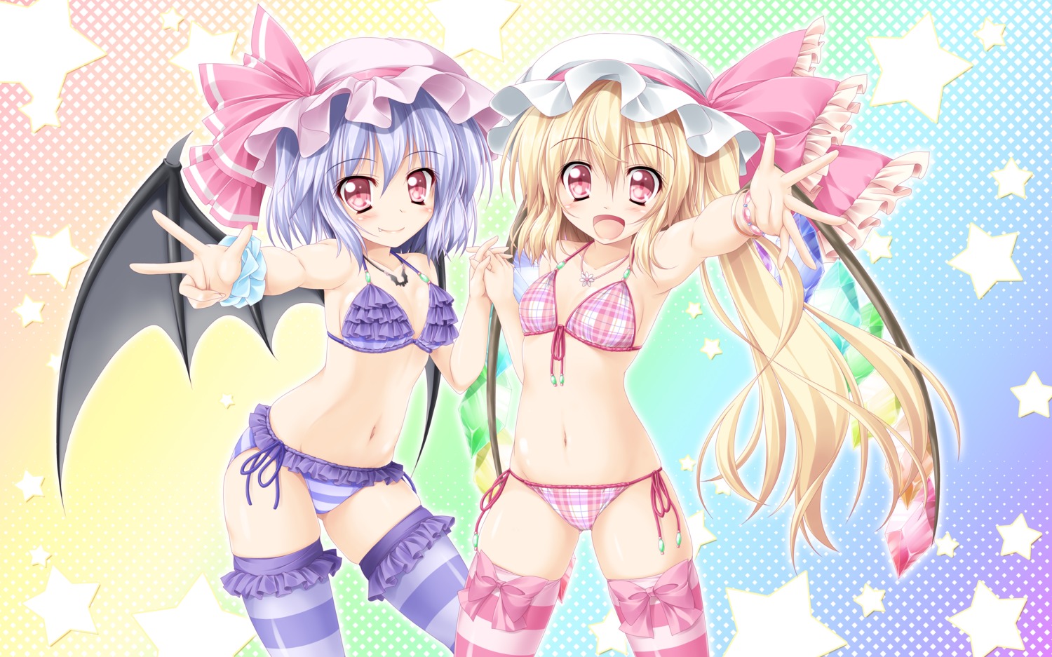 bikini cleavage flandre_scarlet kamiya_tomoe remilia_scarlet swimsuits thighhighs touhou wings