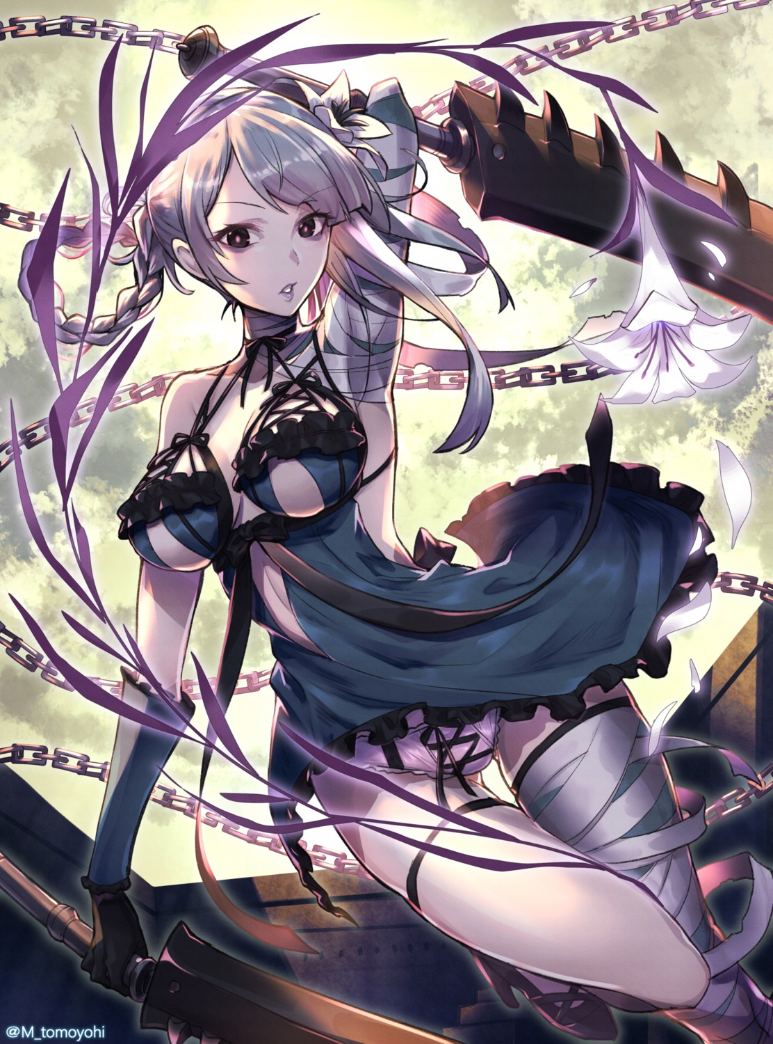 bandages dress heels kaine_(nier) nier nier_replicant no_bra pantsu skirt_lift sword thighhighs tomoyohi