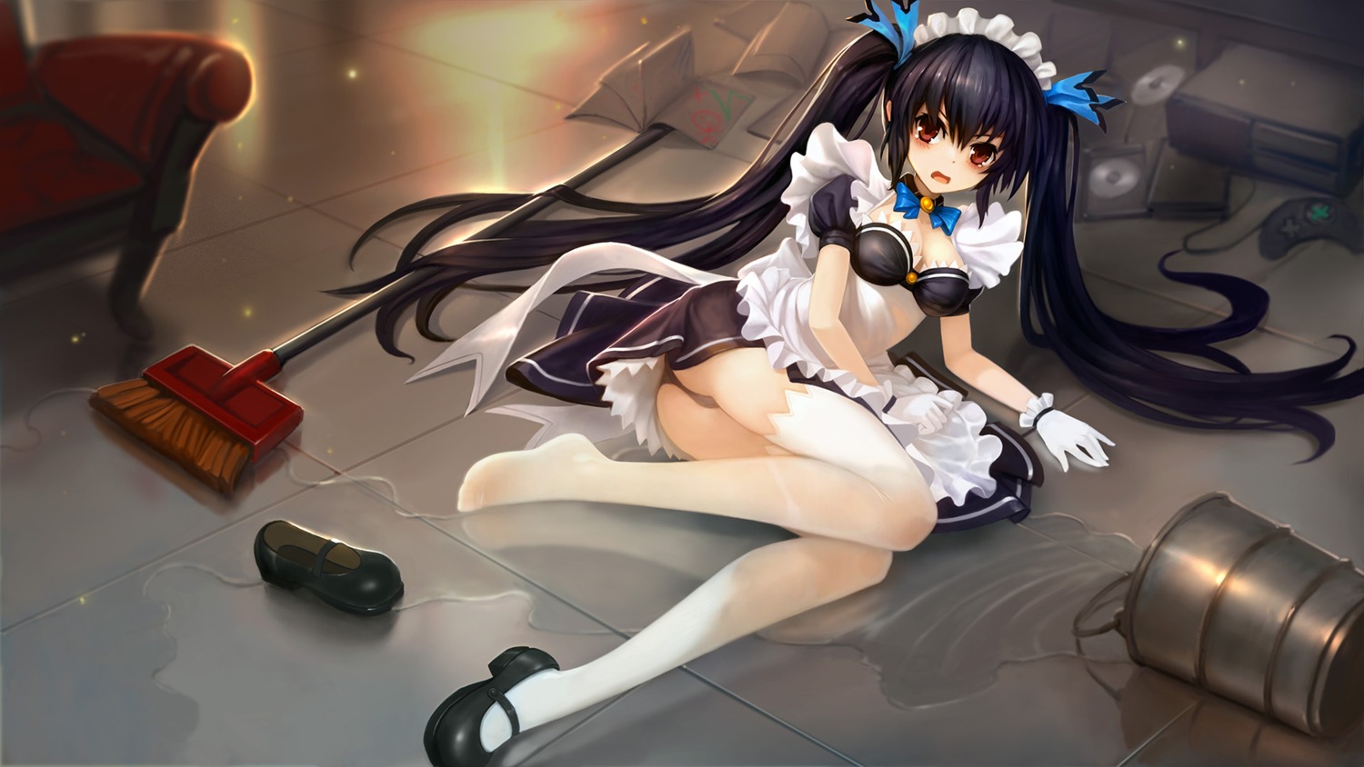 ass choujigen_game_neptune cleavage maid noire pantsu thighhighs wallpaper wet_clothes zhuore_zhi_hen