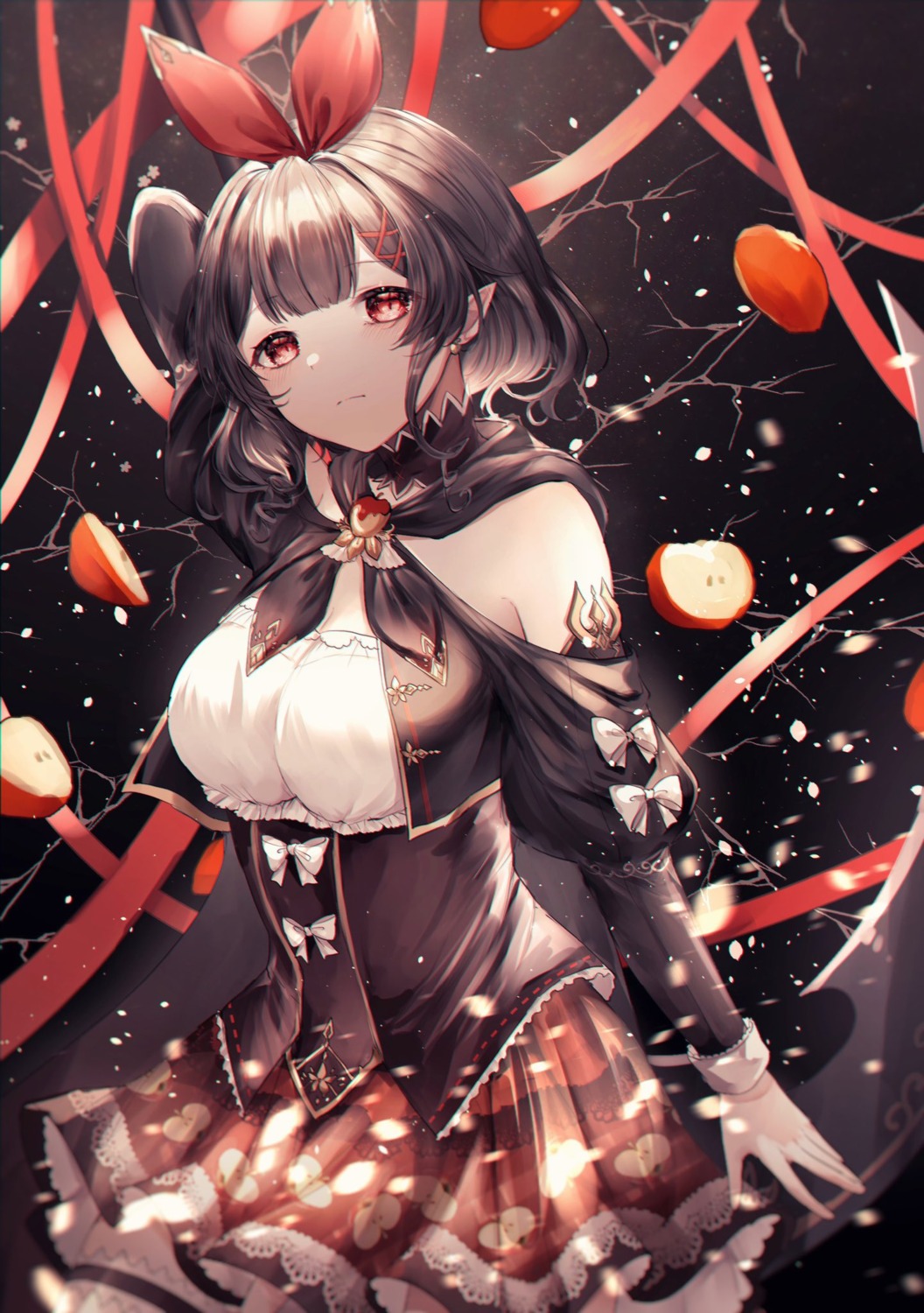 cleavage dress noyu pointy_ears skirt_lift weapon