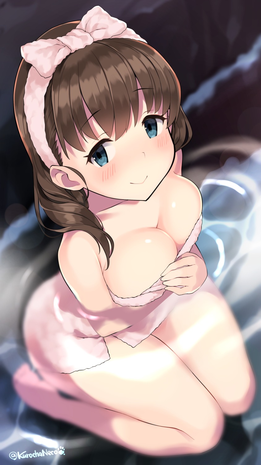 bathing cleavage kuro_chairo_no_neko onsen sakuma_mayu the_idolm@ster the_idolm@ster_cinderella_girls towel wet