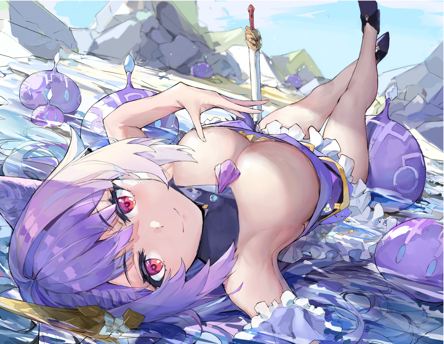 asian_clothes genshin_impact heels keqing no_bra skirt_lift sword wet yuxia_(please6)